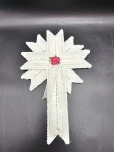 Vintage Handmade Crochet And Canvas Cross With Pink Roses 10x7" Christian Jesus - Picture 1 of 6