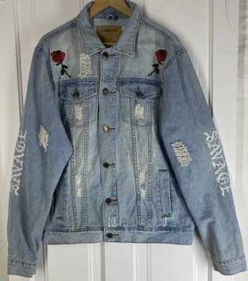 Carbon (Mens Size XL) Savage Blue Jean Denim Jacket, Embroidered Dragon & Roses - Image 1 of 4