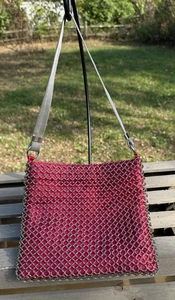 Vintage Whiting & Davis Interlocking Chainmail Mesh Shoulder Bag Purse Red Satin - Picture 1 of 22