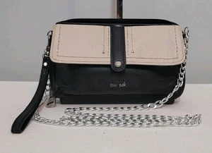 The Sak Iris Black Beige Pebbled Leather Crossbody Wristlet Wallet Purse Bag - Picture 1 of 19