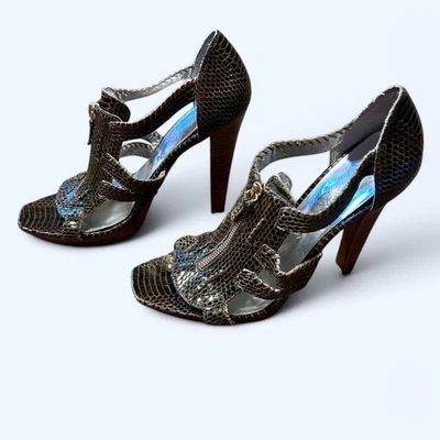 Tacones altos de madera de cuero lagarto marrón Jessica Simpson 9,5 Foto 1 de 4