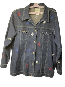 Sailor Denim Jacket 1XL Quaker Factory Embroidery Graphics Ships Popeye Sailor - Picture 1 of 8