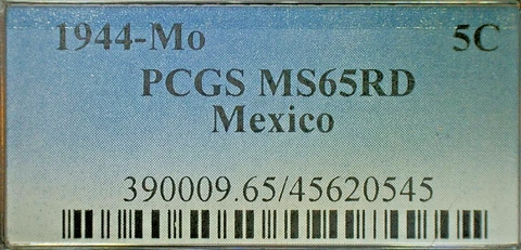 SPECIAL SALE-MEXICO 1944-Mo PCGS MS65RD 5c BRASS COIN KM-424 PRICED SPECIAL Cover