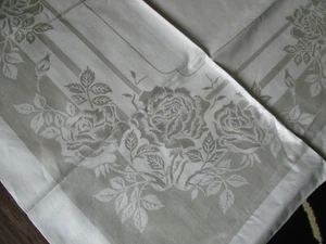 Antique Vtg Linen Damask Tablecloth Roses Pale Ecru Unused 64x48" - Picture 1 of 7