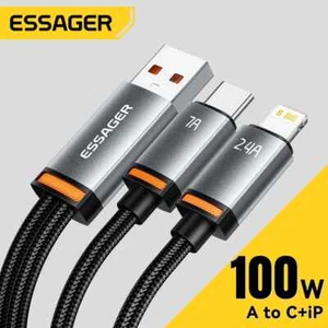 Essager 2 in 1 USB to Type C Cable 100W PD Fast Charging Wire For iPhone Samsung - Picture 1 of 14