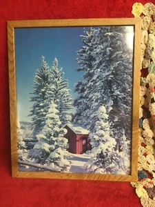 Vtg Snow Covered Barn Photograph with Wood Frame and Plexiglass  - Bild 1 von 3