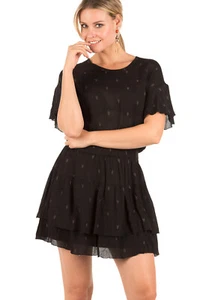 Iro Naelle Dress M Black Printed Elastic Ruffle Flared Mini Casual NEW 15281 - Picture 1 of 9