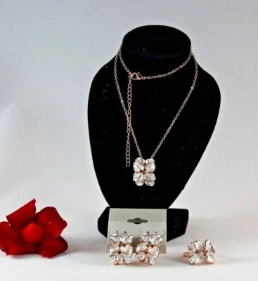 Conjunto Pendiente + Collar + Anillo Oro Rosa Mujer Cristal Austriaco Esmalte Flor Foto 1 de 4