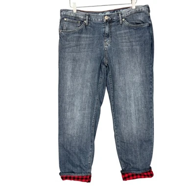 Eddie Bauer Jeans Womens 12P Petite Blue Boyfriend Relaxed Flannel Lined Plaid - Image 1 of 4
