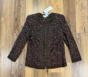 NWT Laurence Kazar Silk Beaded Jacket Embellished Women’s Brown Small - Picture 1 of 11