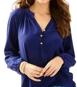 Lilly Pulitzer Elsa Navy Silk Pullover Long Sleeve Top Blouse Sz M #46456 - Picture 1 of 6