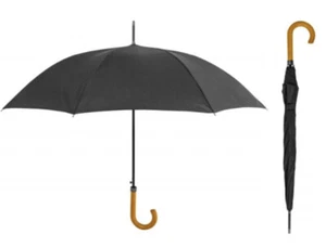 Classic Walking Stick Umbrella Wooden Crook Handle Long Black Wedding Brolly - Picture 1 of 6