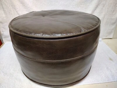 Vintage MCM Brown Vinyl Faux Leather Foot Stool Hassock Ottoman Pouf Retro - Image 1 of 4