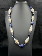 Vintage Sea Shell Sterling Silver Capped Lapis & Banded Agate Beaded Necklace