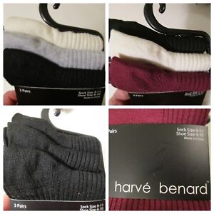 NIP Harve Benard 3 Pack Ribbed Crew Socks~Shoe Size 4-8~Black Gray Maroon Cream