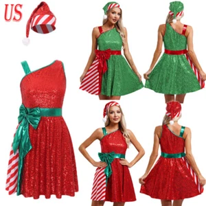 Damen Weihnachten Weihnachtsmann Kleid Xmas Cosplay Party Ärmellos Pailletten Kleid - Bild 1 von 30