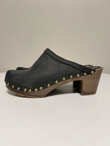 Sandgrens Rome Clogs Mules Studded Block Heel Black Leather EU 37 US 6-6.5 - Picture 1 of 13