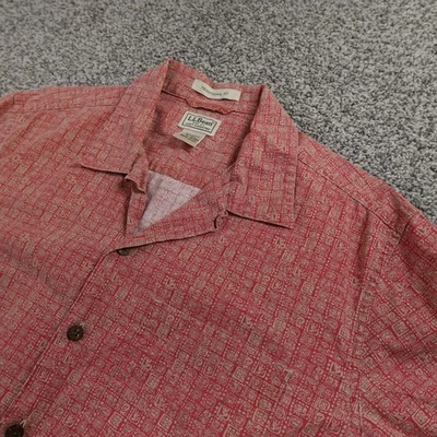 LL Bean Shirt Mens M Tall Red Chambray Tiki Hawaiian Loop Collar Button Up Camp - Image 1 of 4