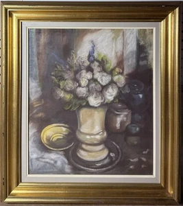 Vintage European Floral Still Life Pastel Painting Classical Peonies Gold Frame - Picture 1 of 17
