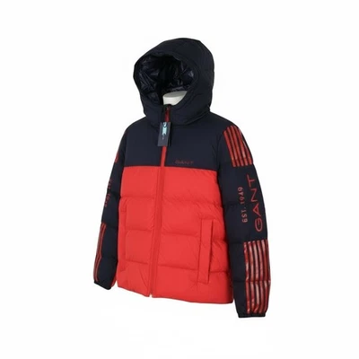 Gant Striped Block Puffer Hommes Veste M Rouge Vif Matelassé Capuche RRP399 - Photo 1/4