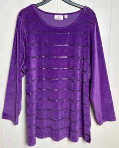 Quacker Factory Purple Tunic Velvet Pullover Sweater Long Sleeve w/Bling Size 1X - Picture 1 of 9
