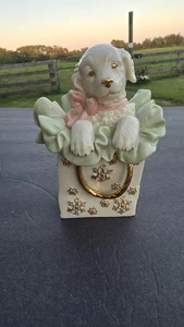 Lenox Playful Present Puppy Figurine White Gold Accents Gift Bag Holiday Decor - Picture 1 of 6