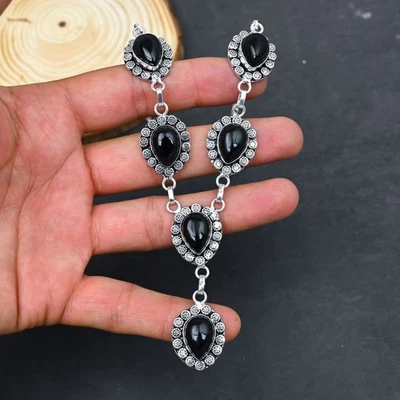 Collana In Argento Sterling 925 Fatta A Mano Con Gemma Di Onice Nero 17-18" - Immagine 1 di 4