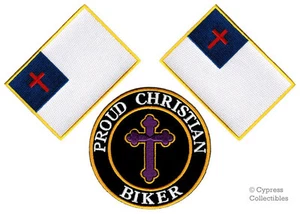 LOTTO 3 TOPPE BIKER CRISTIANO ORGOGLIOSO BANDIERA RELIGIOSA nuove ricamate IRON-ON - Foto 1 di 3