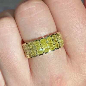4ct 3 Row Yellow Cushion Lab Grown Diamond 14k Yellow Gold Half Eternity Ring - Picture 1 of 13