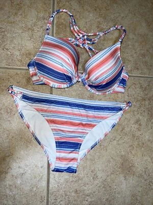 H&M swim set bra 34D padded bikini bottom 12 women stripes pink Blue White - Image 1 of 3