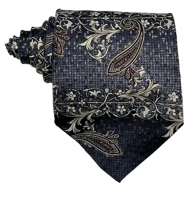 Via Veneto 100% 丝绸男式设计师深蓝色佩斯利领带 59 x 4 — 第 1/3 张图片