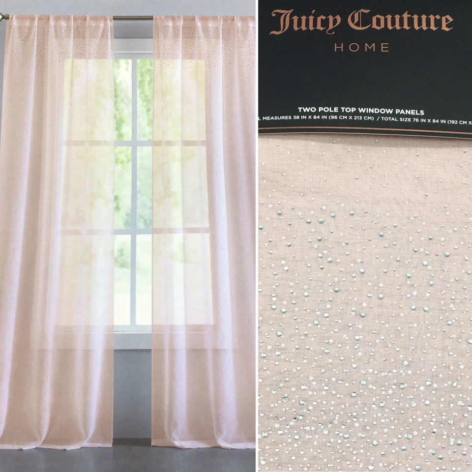 2 Juicy Couture Rhinestone Dusty LT Pink Mauve Sheer Window Panels Curtain 76x84