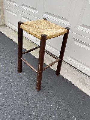 Bar Stool Used Square 14" Wide X 25" Ht. Dark Brown Wood Frame with Woven Seat  - Image 1 of 4
