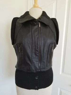 BCBGMAXAZRIA Black Leather Moto Vest Knit  Zip Accents Size M $ 298 - Image 1 of 4