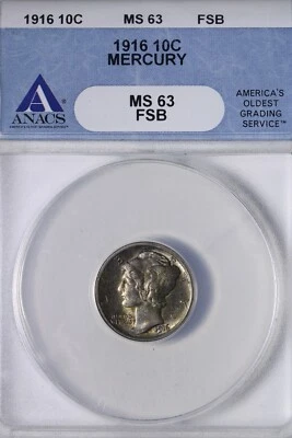 BU 1916 Mercury Dime ANACS MS63 FSB Full Split Bands - Rich Toning! JAPH - Image 1 of 3