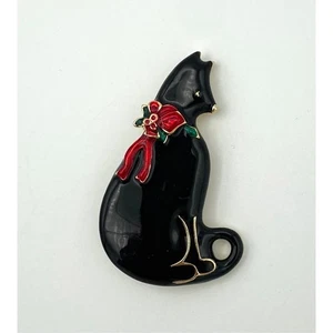 Vintage schwarze Katze mit roter Schleife Emaille Weihnachten Anstecknadel Brosche unsigniert - Bild 1 von 7