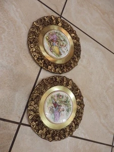 2 Vintage Ormolu Repousse Brass Frame Porcelain Victorian Lovers Plaque - Picture 1 of 8