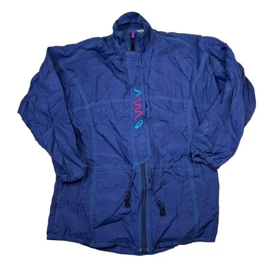 Chaqueta de lluvia cortavientos larga con cremallera completa Asics de colección azul marino para mujer grande Foto 1 de 4