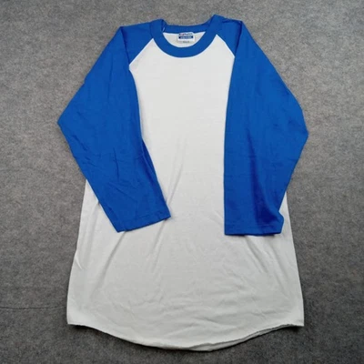 Camisa Hanes De Colección Para Hombres Mediana Azul Blanco Raglán Béisbol Hecha en EE. UU. 50/50 80s Foto 1 de 4