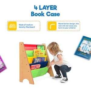 Kids Storage Rack Sling Book Shelf Organizer Childrens Wooden Bookcase Bookshelf - Picture 1 of 21