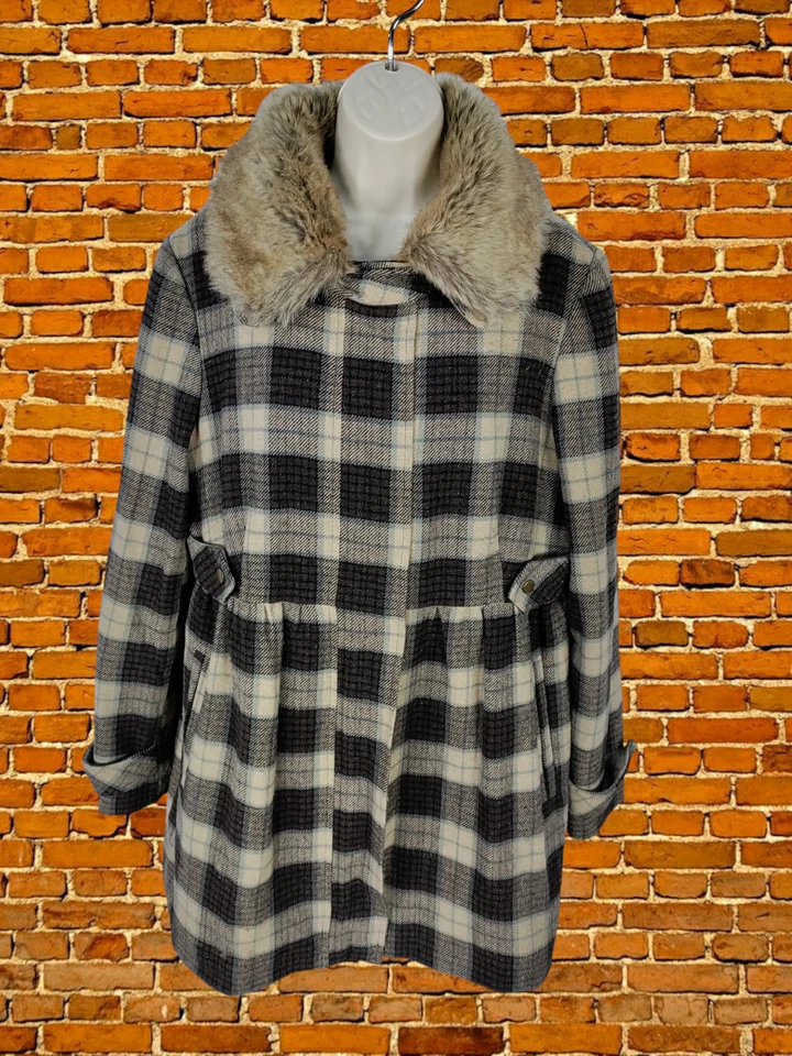 ЖЕНЩИН СКЛАД UK 16 КОРИЧНЕВЫЙ СМЕСЬ ЧЕК КЛЕТКУ ИСКУССТВЕННОГО МЕХА ВОРОТНИК ШЕРСТИ КУРТКА ПАЛЬТО - Изображение 1 из 4