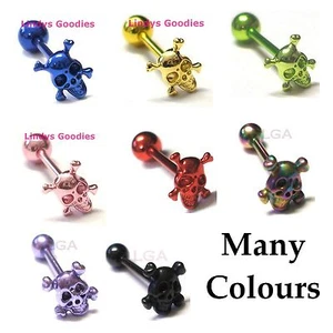 Tongue bar barbell 3D Anodized Titanium 14g 16mm pierced Body Jewellery SKULL* - Picture 1 of 7