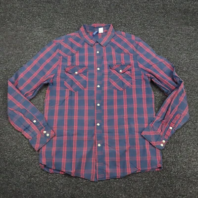Divided Shirt Adult Medium Blue & Red Plaid Snap Button Up Long Sleeve Mens - Image 1 of 4