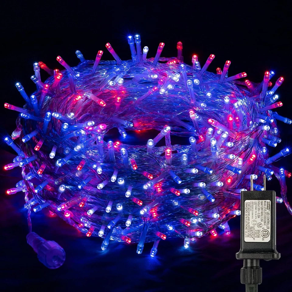 Cadena de Luces 300 LED 100 FT, Impermeable, 8 Modos, Azul/Rojo/Blanco, para Interior/Ou Foto 1 de 4