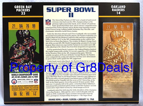 SUPER BOWL 2  PACKERS RAIDERS Official NFL 22 KT GOLD SB II TICKET Willabee Ward Cover