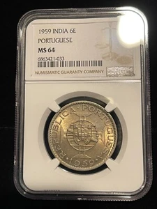 PORTUGUESE INDIA 6 Escudos 1959, NGC MS 64 Pretty Toned Luster, UNC / BU.  C9 - Picture 1 of 2