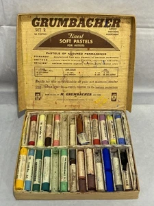 Vintage Grumbacher 24 Soft Pastel Set Cat Artist USA Open Box Sketching Assort - Picture 1 of 5