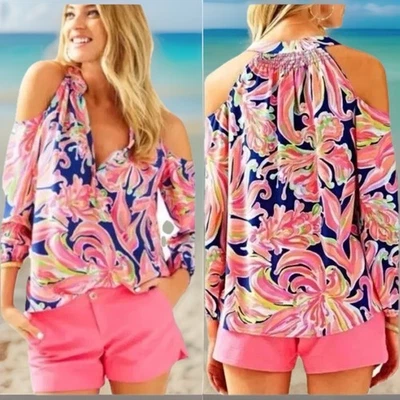 Lilly Pulitzer Pink Blue Bananas Flambé Silk Cold Shoulder Elsa Top Size Medium - Image 1 of 4
