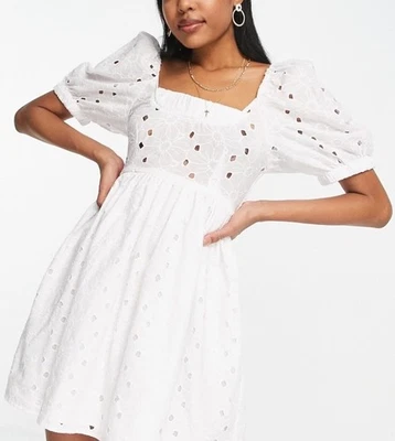 ASOS DESIGN eyelet mini smock dress with shirred back in white Size 10 - Image 1 of 4