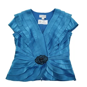 JR NITES Shirt Womens 10 Blue Cap Sleeve VNeck Zip Satin Rhinestone Blouse - Picture 1 of 17